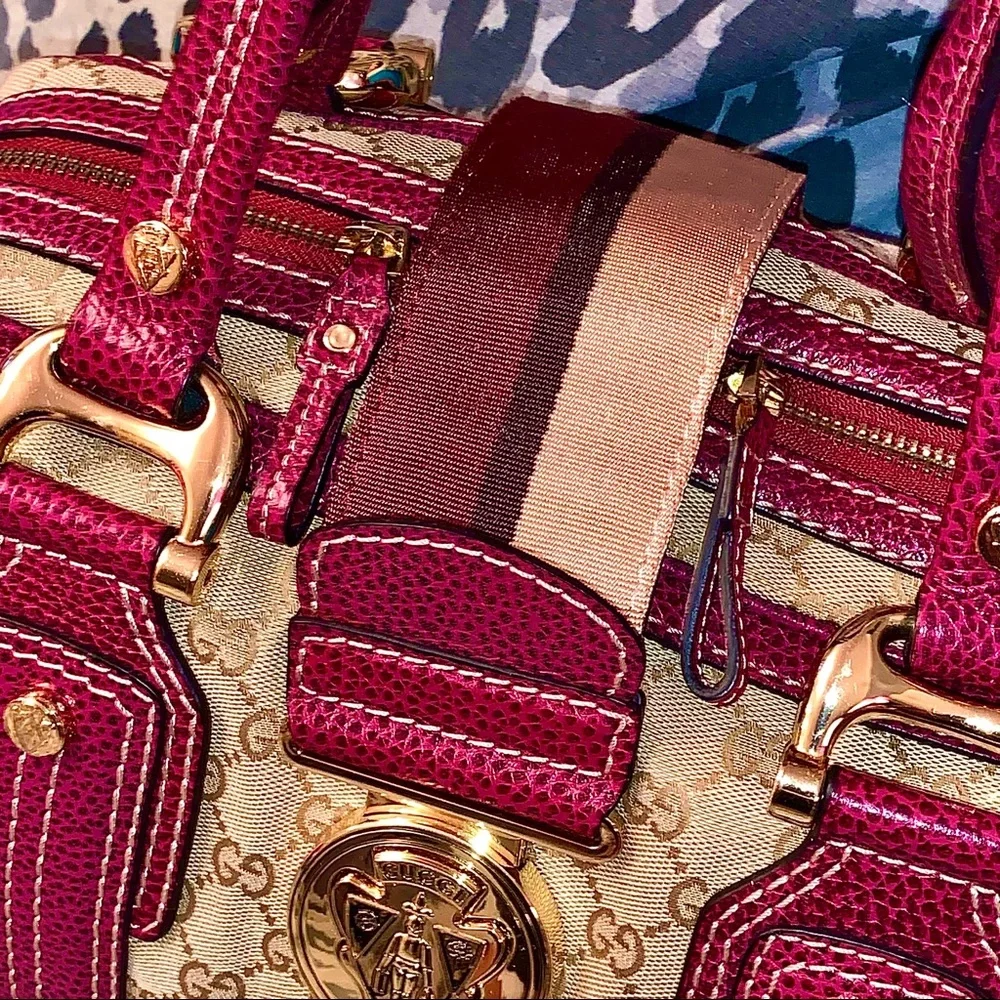 Classic Satchel Red Leather Trim & Beige Canvas